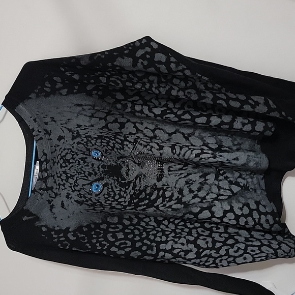 Nwt Patrizia Luca Embellished Knit Sweater High Low Hem Blue Eye Leopard Tiger - Picture 2 of 5